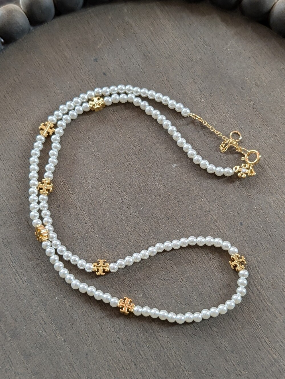 TORY BURCH Kira Pave Mini Logo Pearl Strand Necklace - Picture 3 of 5